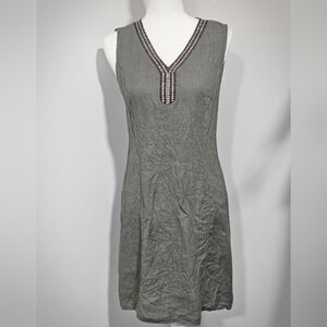 LINA TOMEI Italian Linen Midi Sleevless Dress Embellished Neckline Womens Small